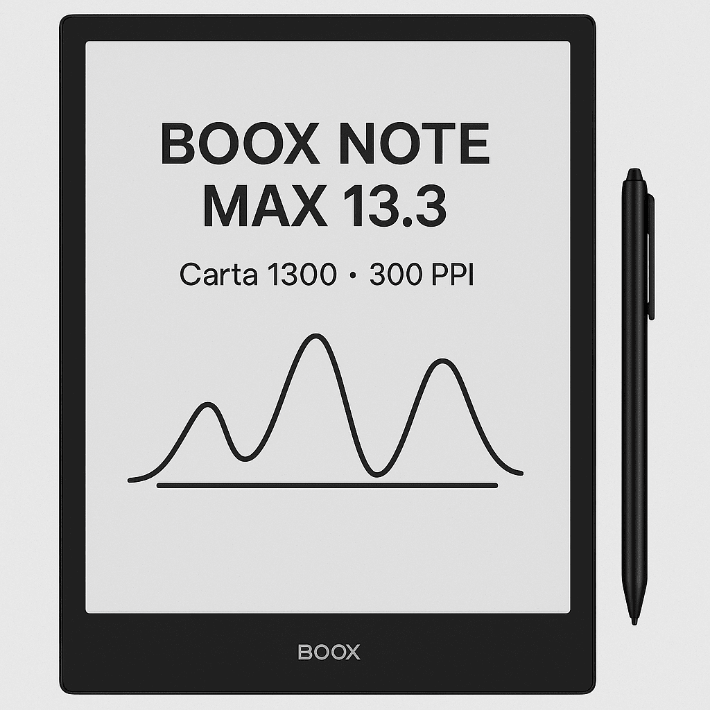Tablet BOOX Note Max 13.3 mostrando pantalla E Ink Carta 1300 con stylus al lado