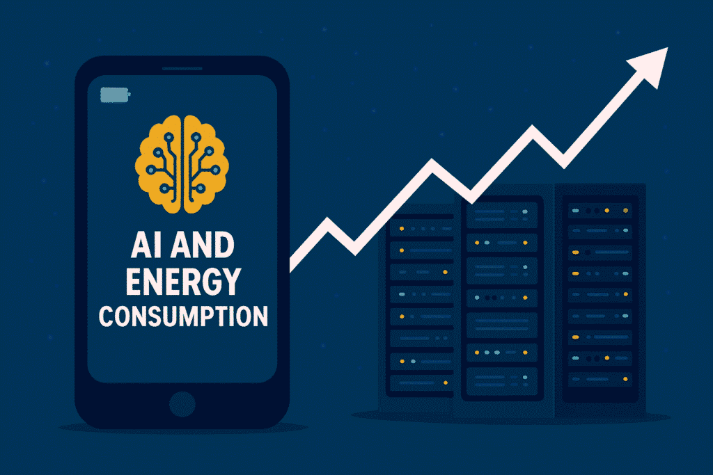 Ilustración de un smartphone con inteligencia artificial y un centro de datos conectados por una gráfica de aumento en el consumo de energía