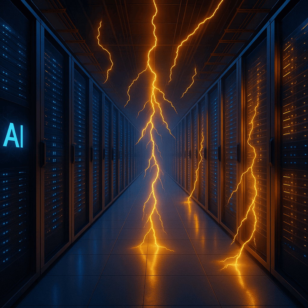 Centro de datos moderno con altos servidores iluminados y rayos simbolizando el gran consumo de energía de la inteligencia artificial