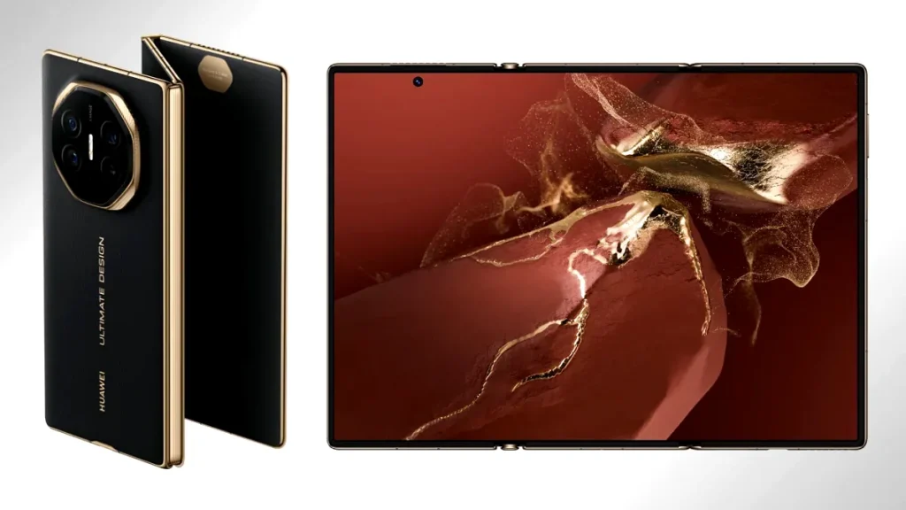 Imagen del Huawei Mate XT Ultimate Design desplegado y plegado, mostrando su innovador diseño triplemente plegable