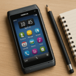 Nokia N8 en primer plano sobre una mesa de madera clara, acompañado de un lápiz y una libreta.