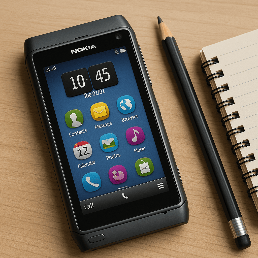 Nokia N8 en primer plano sobre una mesa de madera clara, acompañado de un lápiz y una libreta.