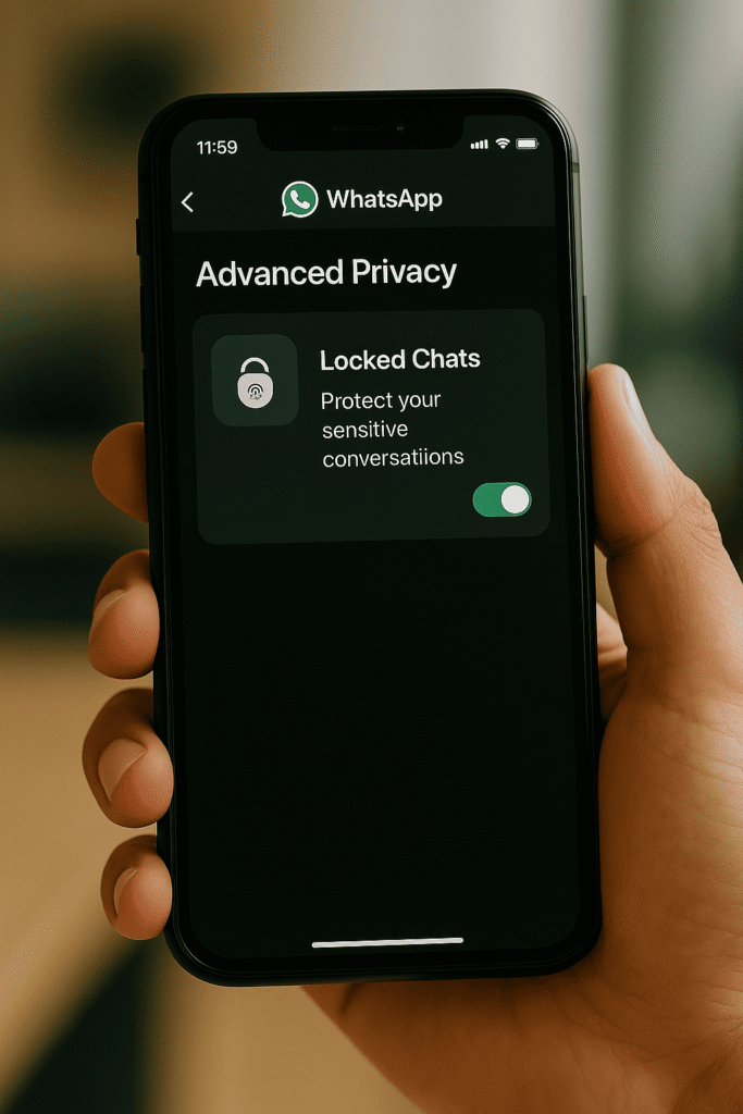 Pantalla de privacidad avanzada de WhatsApp mostrando la función de chats bloqueados activada en un teléfono móvil.