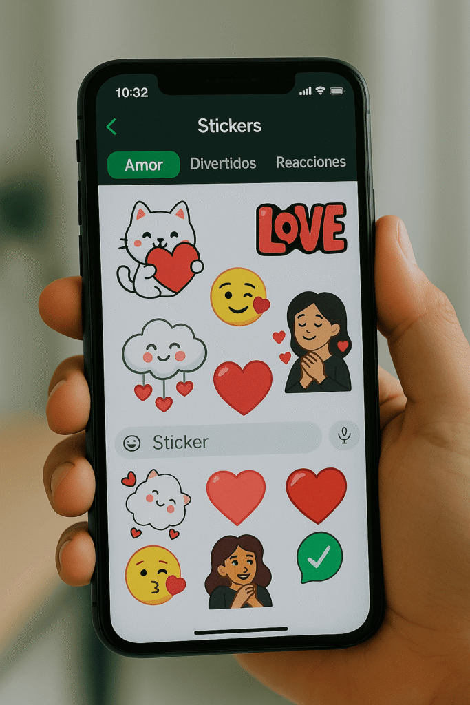 Organización de stickers en WhatsApp mostrando carpetas personalizadas como Amor, Divertidos y Reacciones.