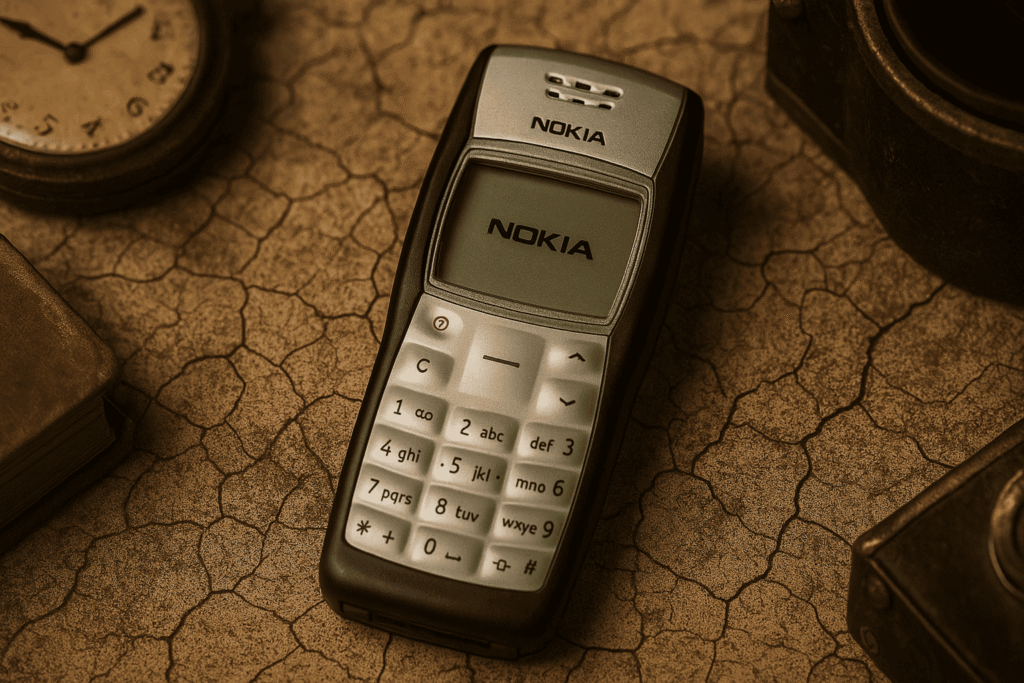 Nokia 1100 sobre superficie agrietada, rodeado de objetos antiguos como reloj, cámara y libro. Celular clásico famoso por su resistencia y durabilidad