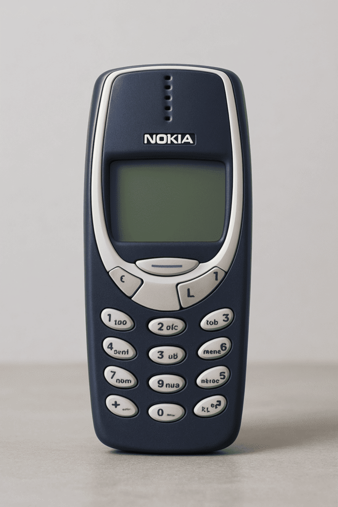 Nokia 3310 original color azul oscuro, de frente, con pantalla monocromática y teclado físico de goma. Teléfono clásico de los años 2000