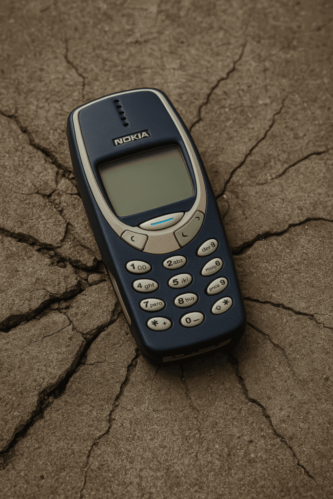 Nokia 3310 azul sobre una superficie de concreto agrietado, sin daños visibles. Teléfono icónico conocido por su resistencia extrema