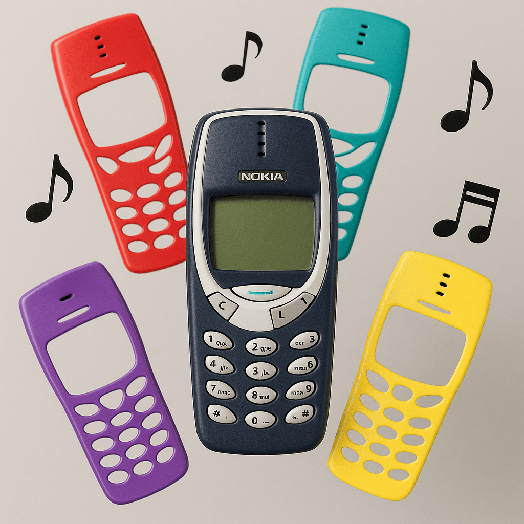 Nokia 3310 rodeado de carcasas intercambiables de colores y notas musicales flotando, representando su personalización y tonos monofónicos