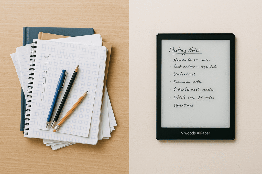 Comparación entre cuadernos y bolígrafos tradicionales y la tablet Viwoods AiPaper mostrando escritura digital.