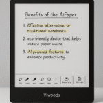 Pantalla de la tablet Viwoods AiPaper mostrando notas manuscritas y funciones de inteligencia artificial como resumen y conversión de texto