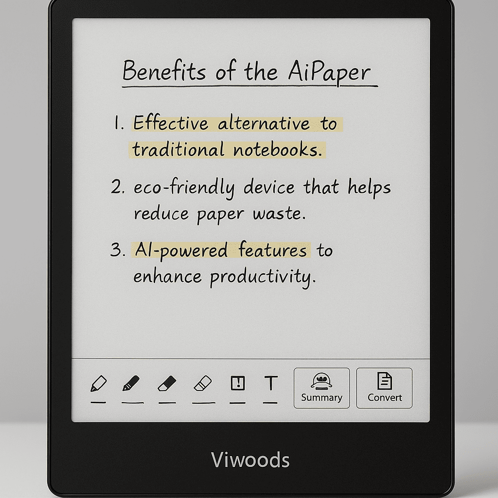 Pantalla de la tablet Viwoods AiPaper mostrando notas manuscritas y funciones de inteligencia artificial como resumen y conversión de texto