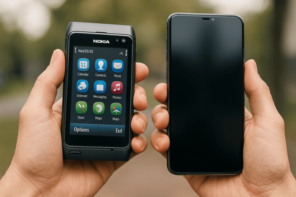 Comparación entre un Nokia N8 con sistema Symbian y un smartphone moderno con pantalla completa